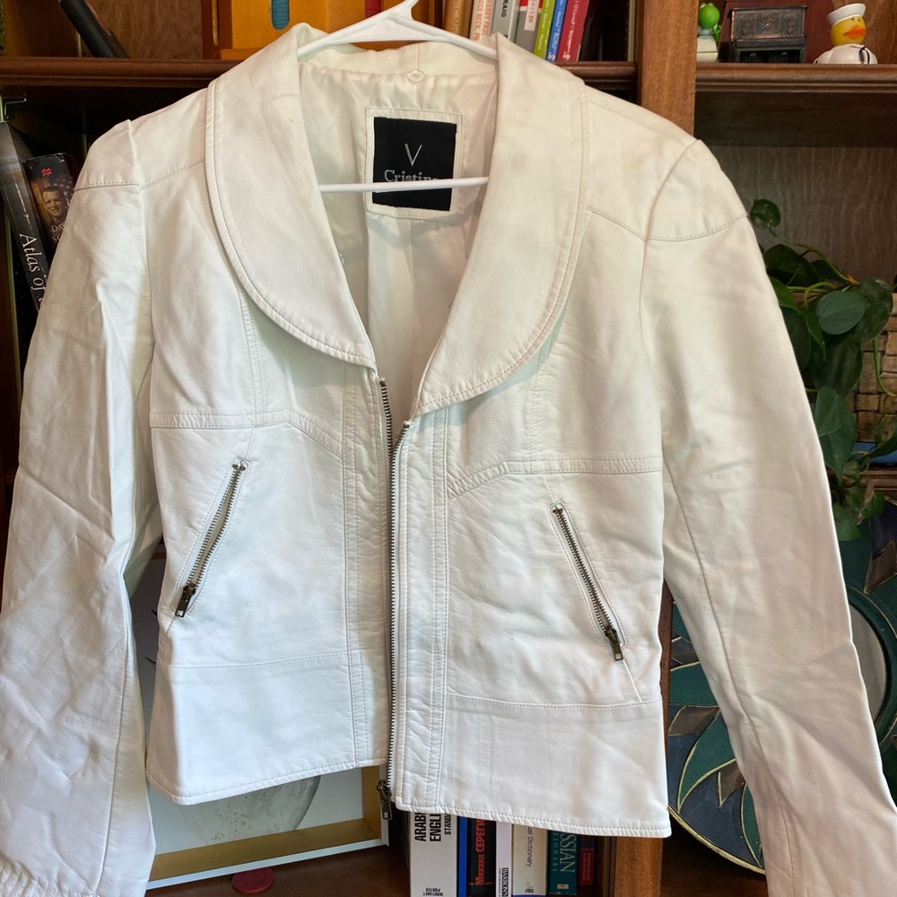 V Cristina White Faux Leather Cropped Jacket
